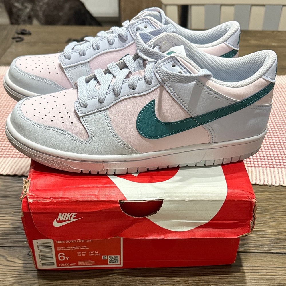 Nike Dunk Low in Light Pink and Dark Teal
